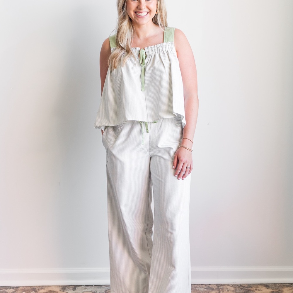 White and Green Subtle Striped Women's Matching Set